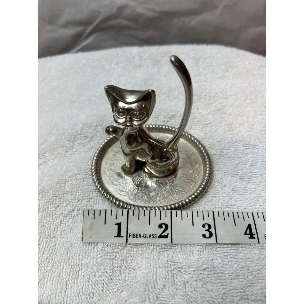 Cat Ring Holder Silver Trinket Dish Jewelry Tray Kitty Kitten Decor